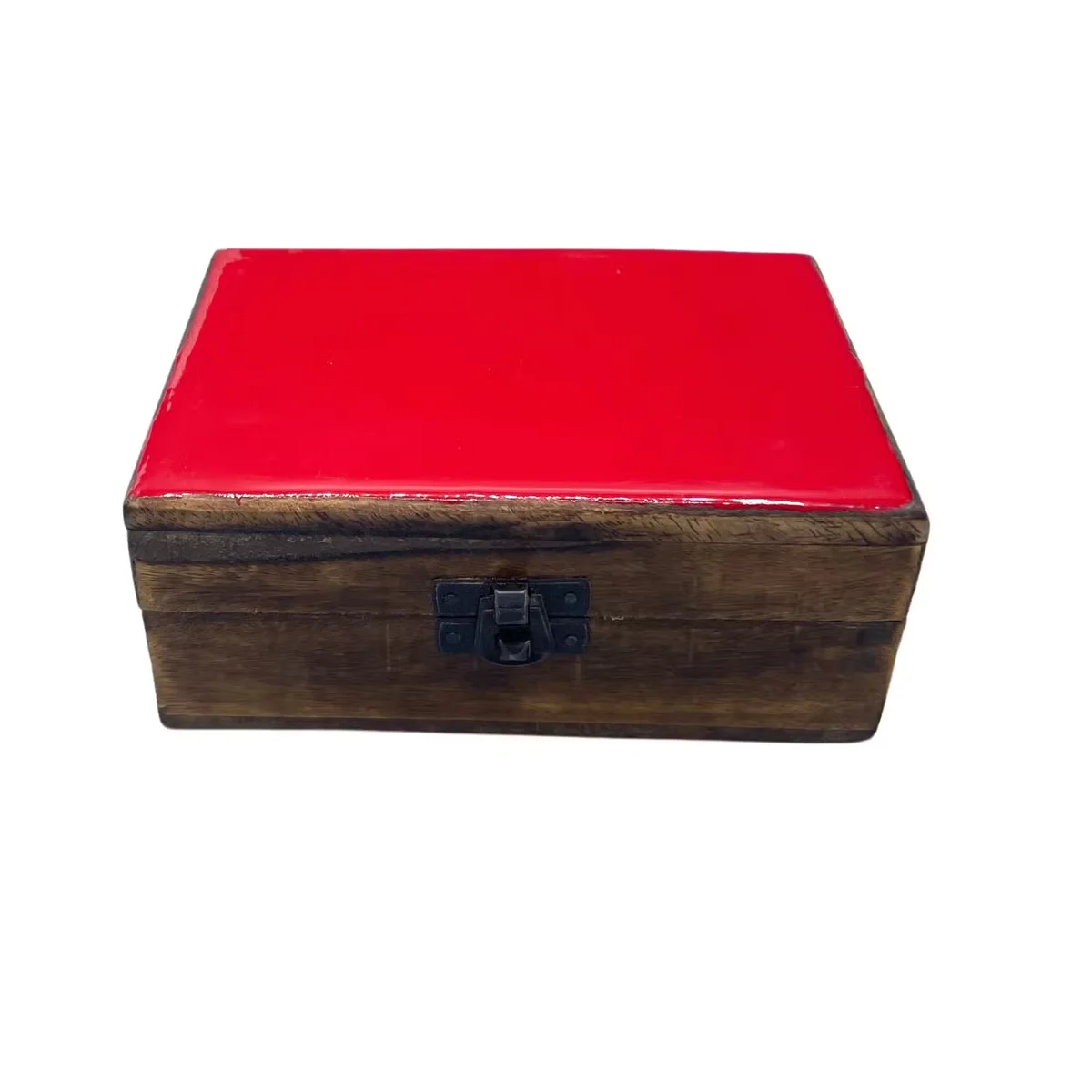 Red decorative box: medium ceramic glazed wooden box, 15x10x6cm, smooth finish