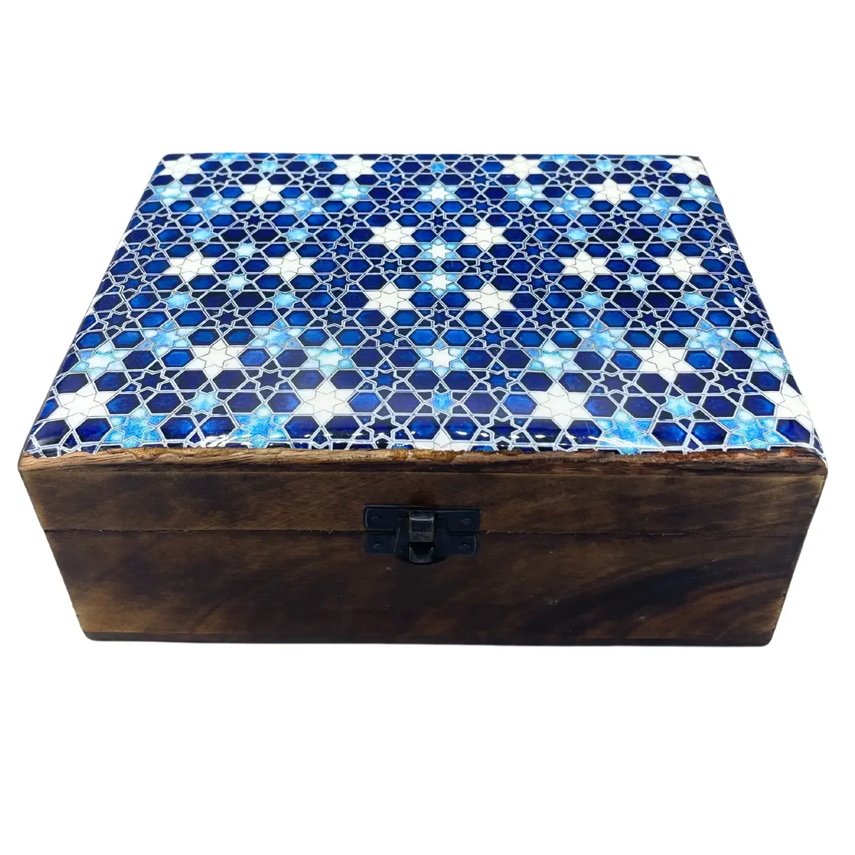 Large ceramic glazed box featuring blue star pattern on its glazed surface