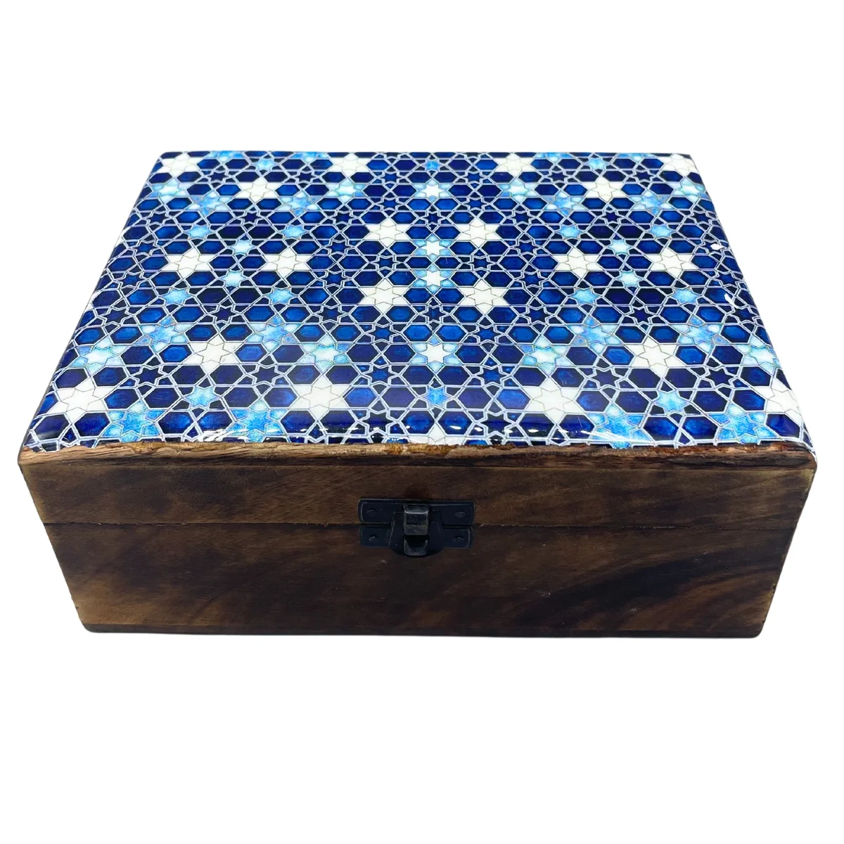 Large blue star‑patterned ceramic box with wooden lid and base, showing a wooden storage box with glazed finish.