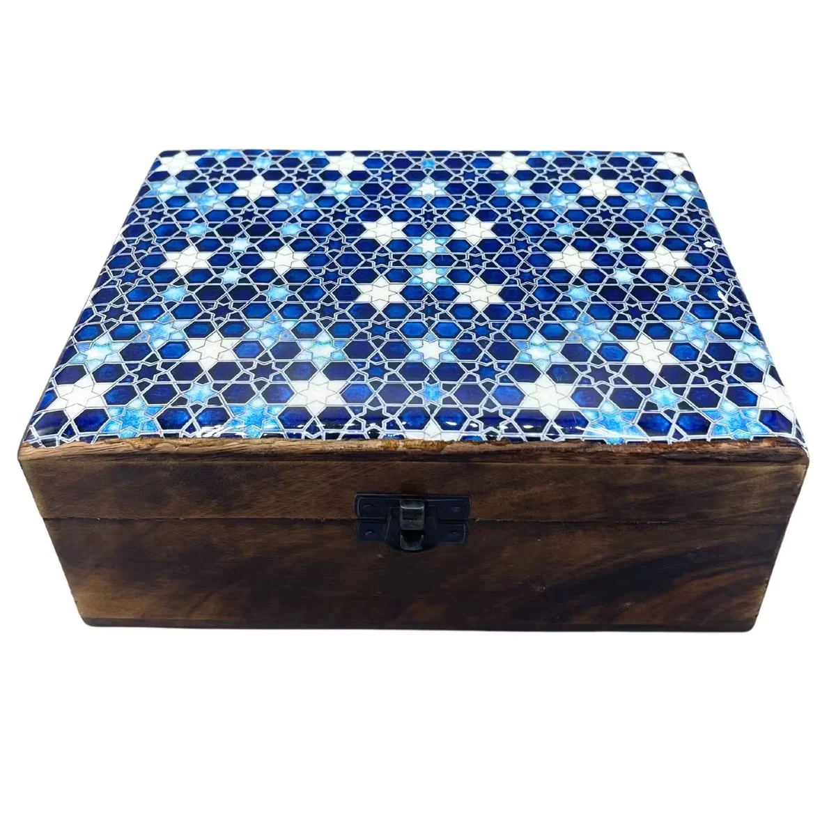 Large ceramic glazed wood box, a blue star box design, perfect for storage.