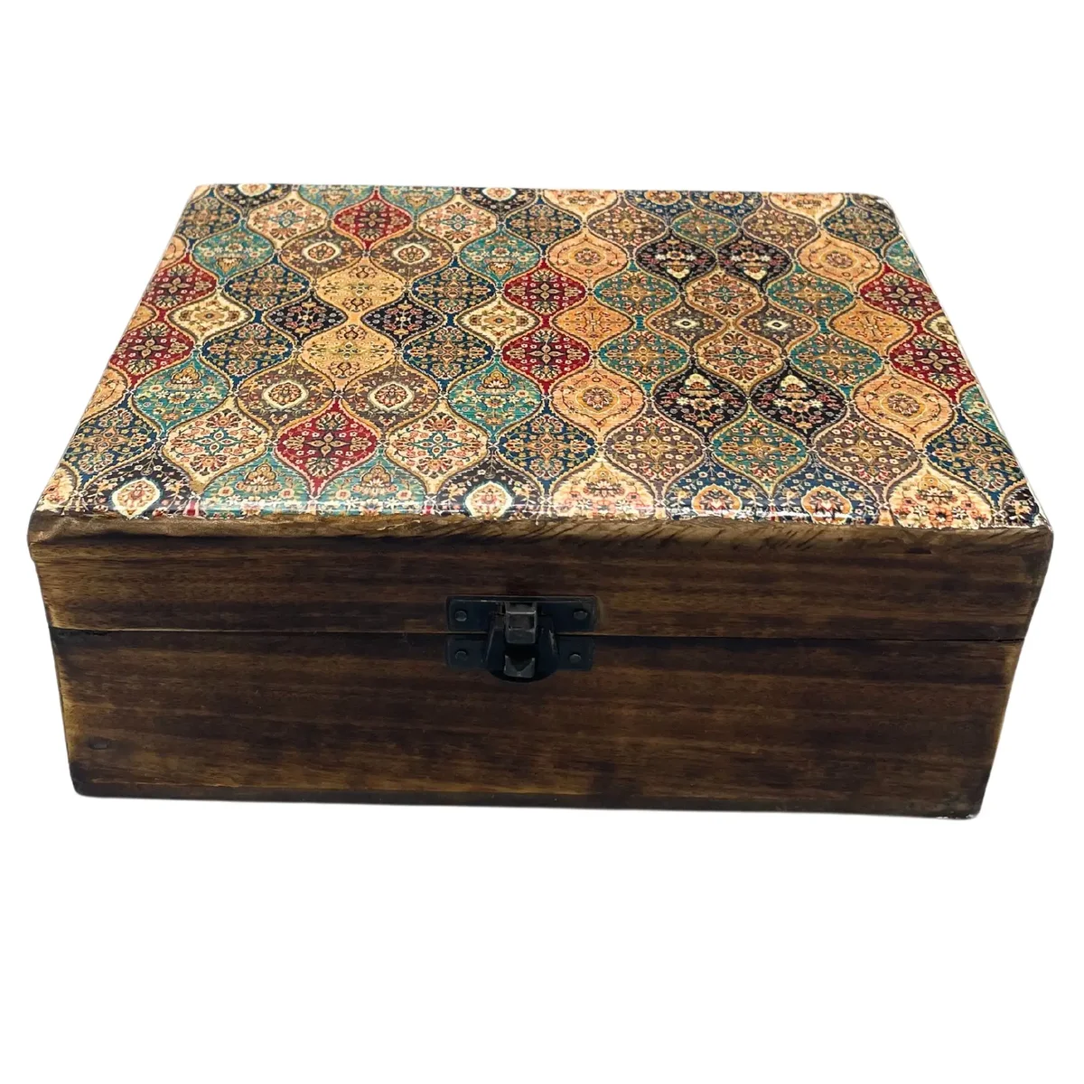 Large ceramic glazed box with traditional glazed pattern, wooden handle, 20x15x7.5cm dimensions