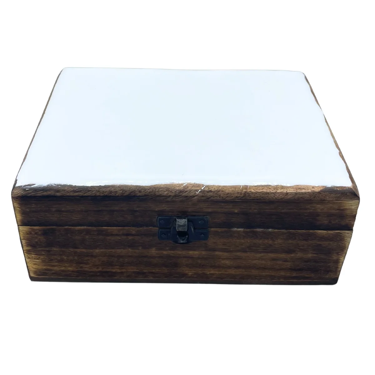 White glazed storage box made of ceramic and wood, measuring 20x15x7.5cm, displayed standing on a neutral background.