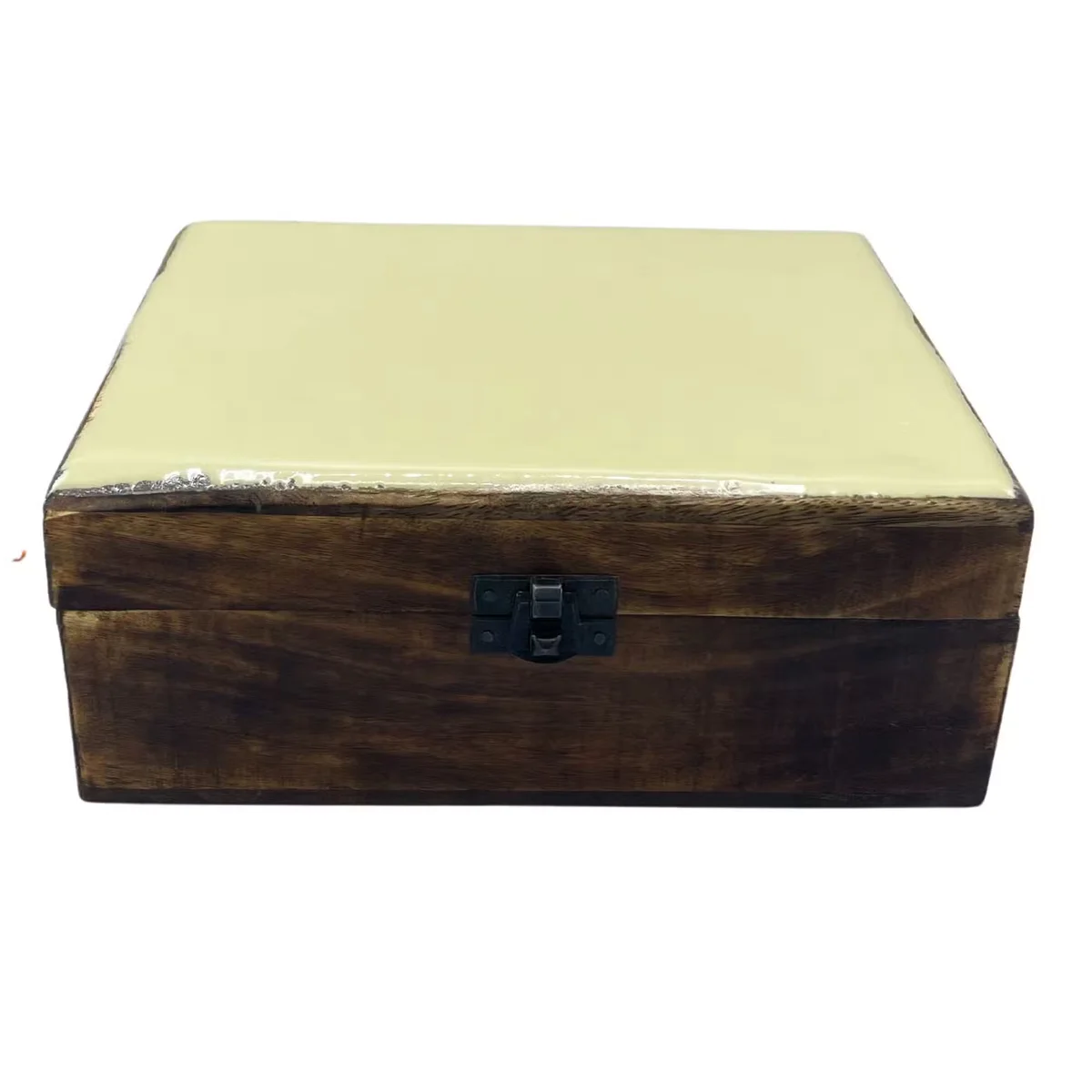 Decorative storage box, large ceramic glazed wood box in concrete finish, top view showing smooth lid and dimensions.