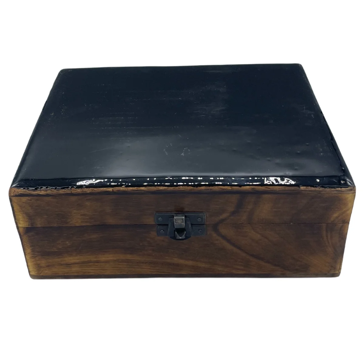 Large ceramic wood box in black glaze, 20x15x7.5 cm, showing smooth glazed surface and wooden base