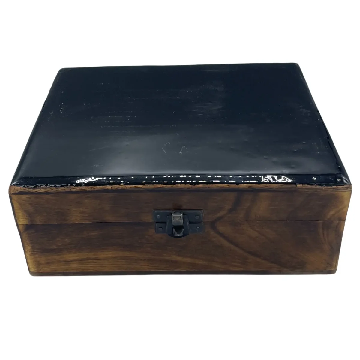 Large black ceramic glazed box made of wood, dimensions 20x15x7.5cm.