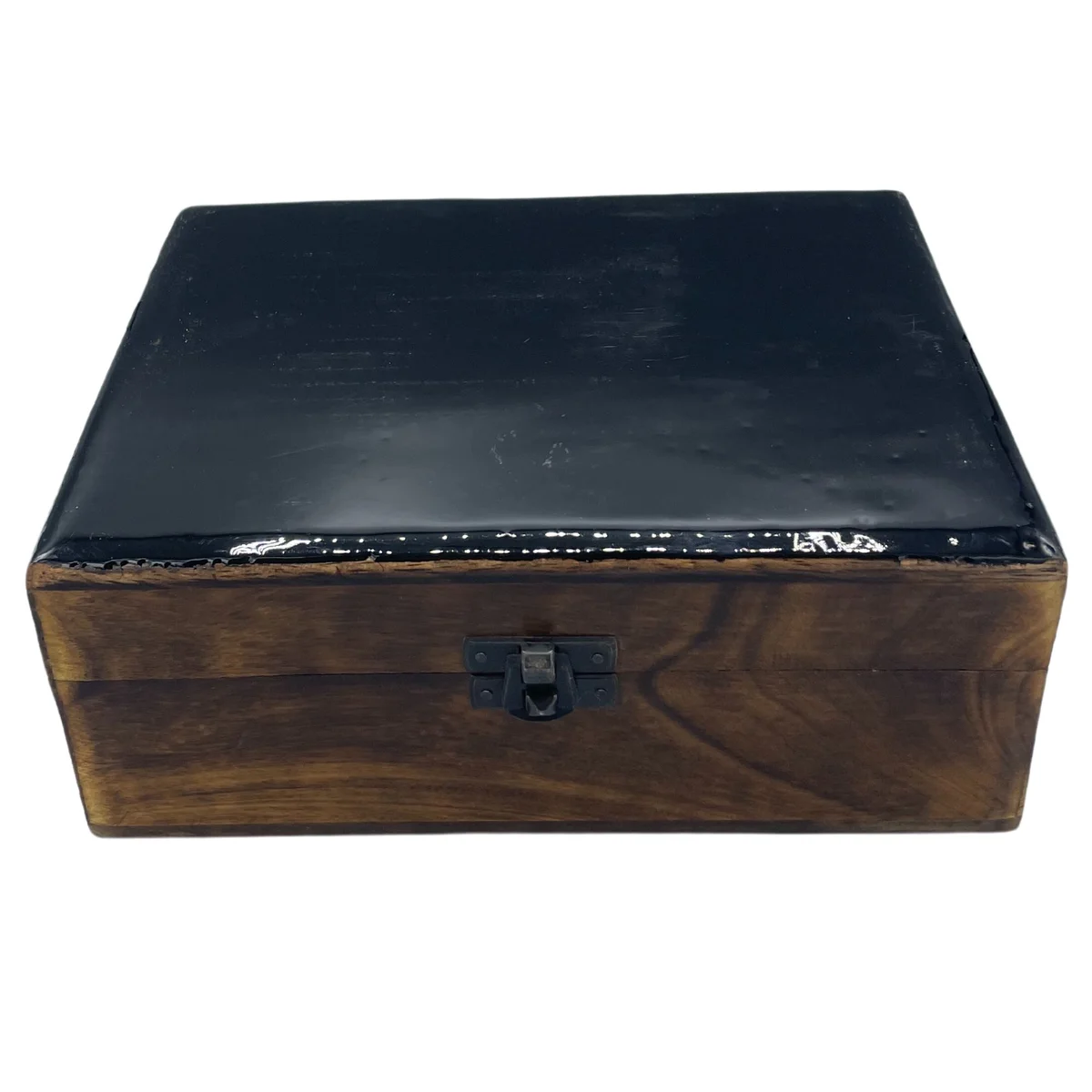 black storage box, glazed ceramic and wood finish, rectangular shape measuring 20x15x7.5 cm.
