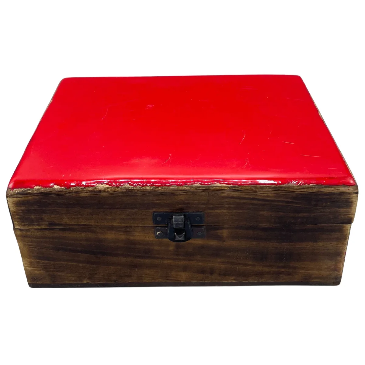 Large ceramic storage box in bright red glaze with wooden lid