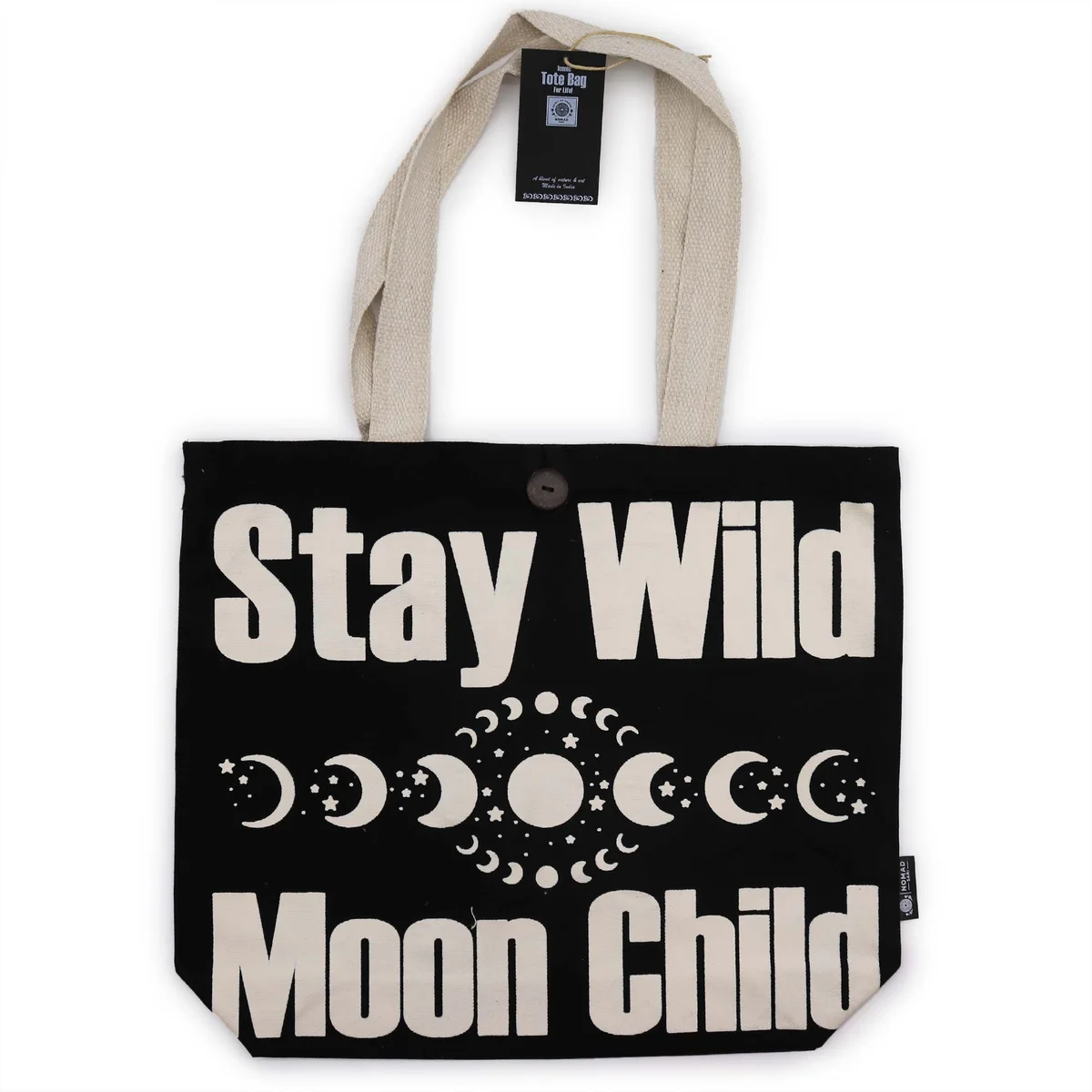 Black and natural 10oz classic tote bag with Stay Wild, Mood Child design printed on the front