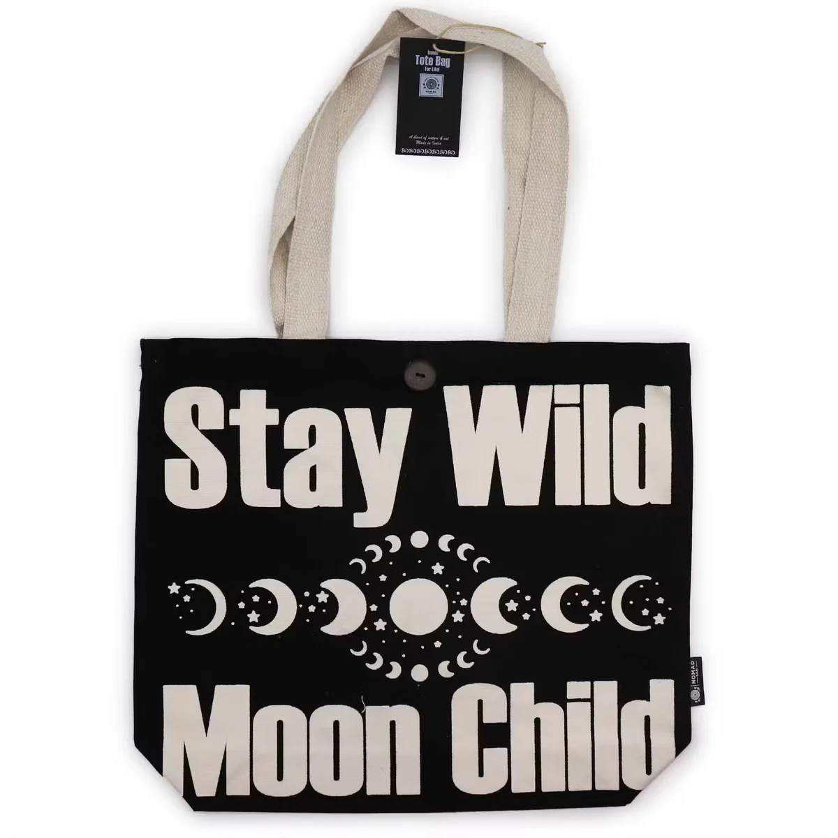 Black natural 10oz stay wild tote bag with Mood Child logo and Stay Wild text, classic iconic design