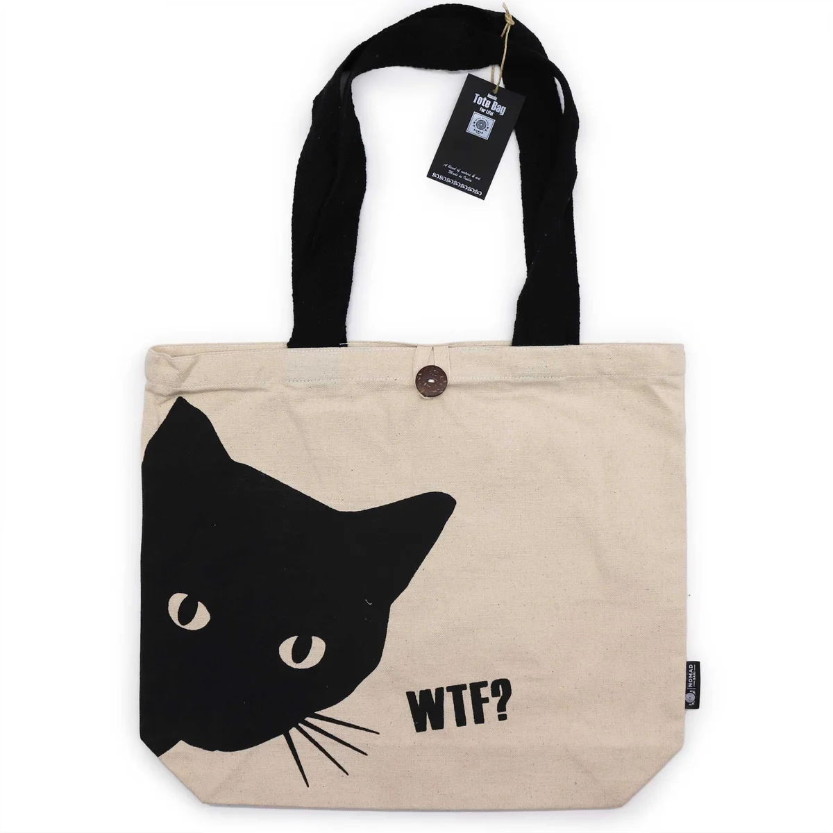 Classic tote bag in natural fabric featuring a black cat design, made from 10oz material