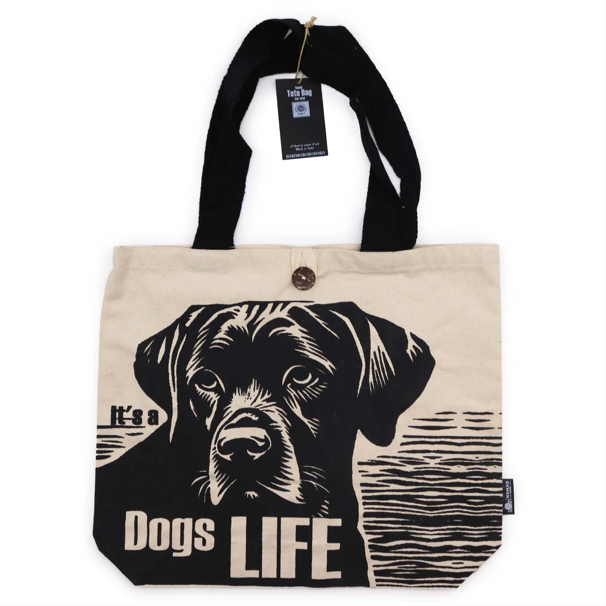 White classic tote bag with "It's a Dogs Life" text design, made from 10oz fabric