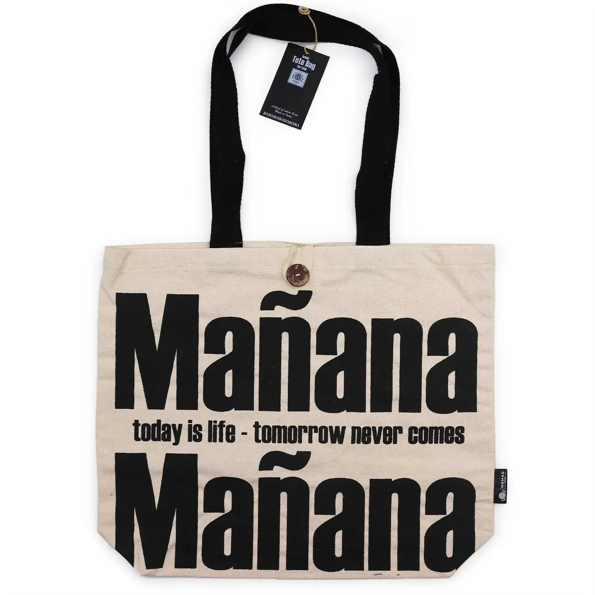 Natural tote bag made from 10oz fabric with Mañana Mañana logo in classic tote bag style