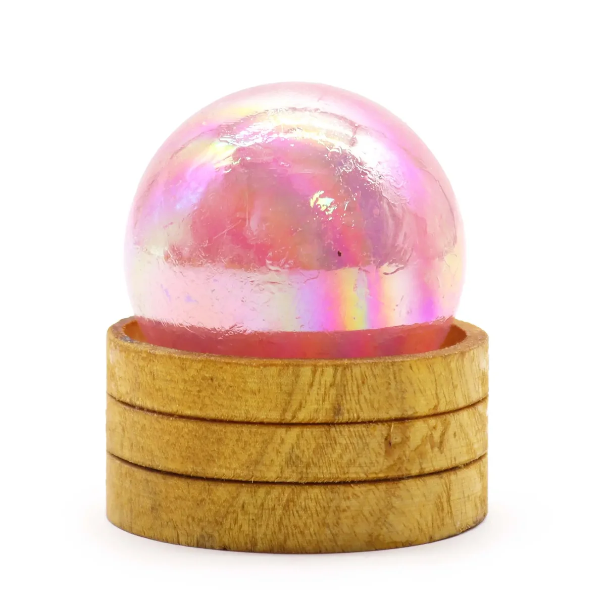 Rose quartz gemstone sphere with titanium stand, 50mm clear sphere holding against base.