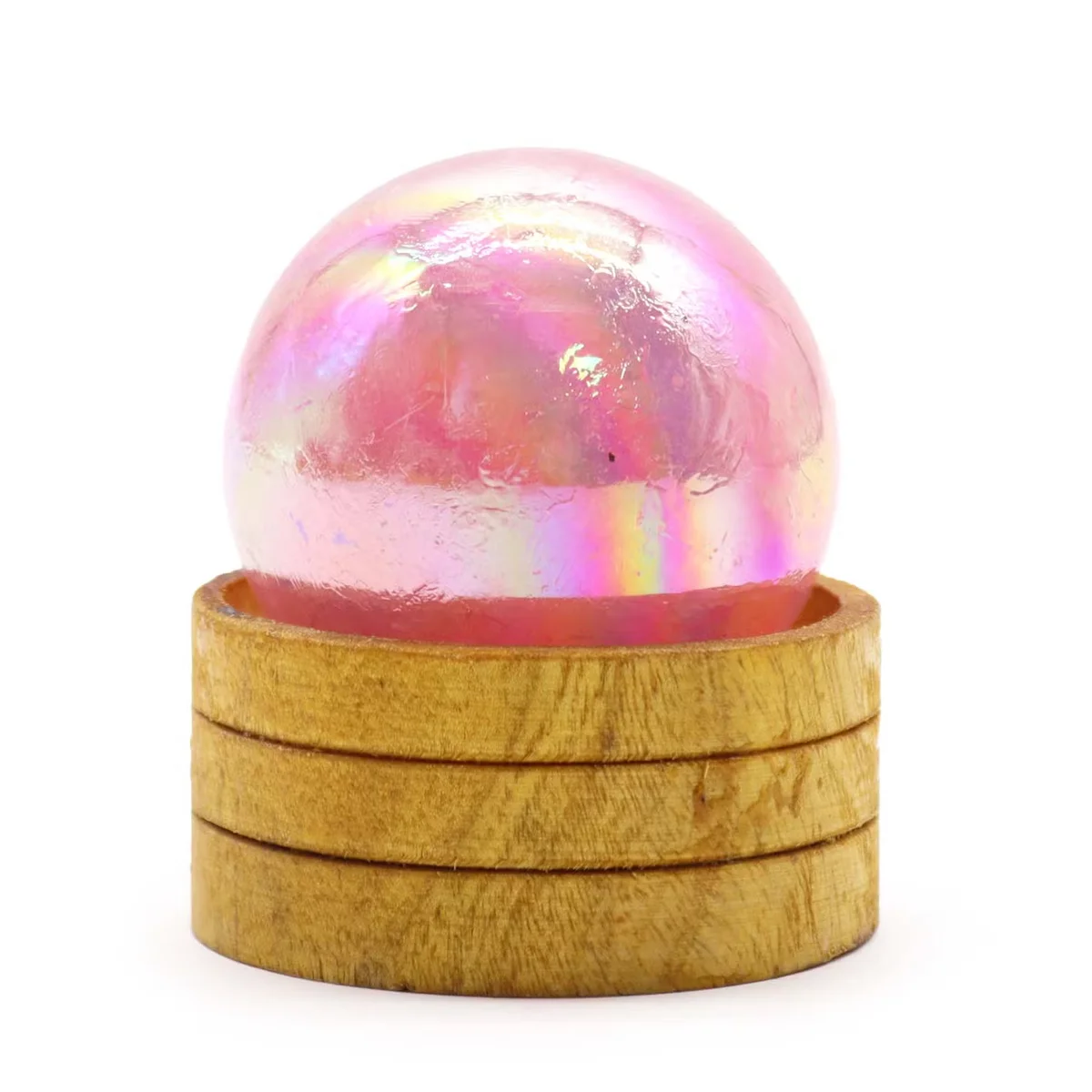 50mm gemstone sphere made of rose quartz with a titanium aura on a stand