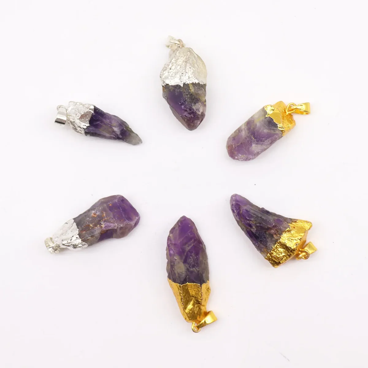 Assorted set of six gemstone pendants featuring amethyst beads on gold and silver plated chains.