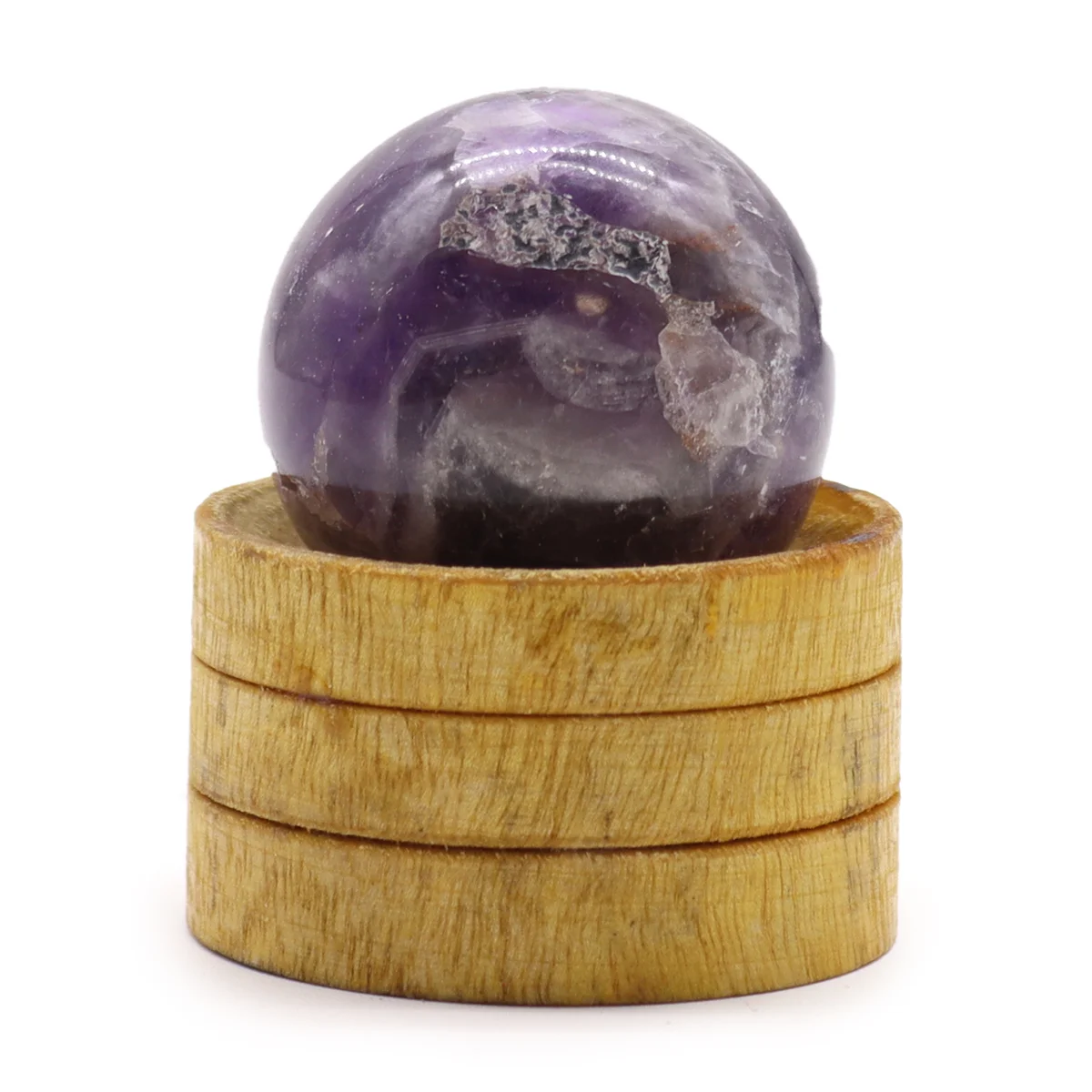 40mm amethyst crystal sphere in purple tones displayed on a simple stand against a white background