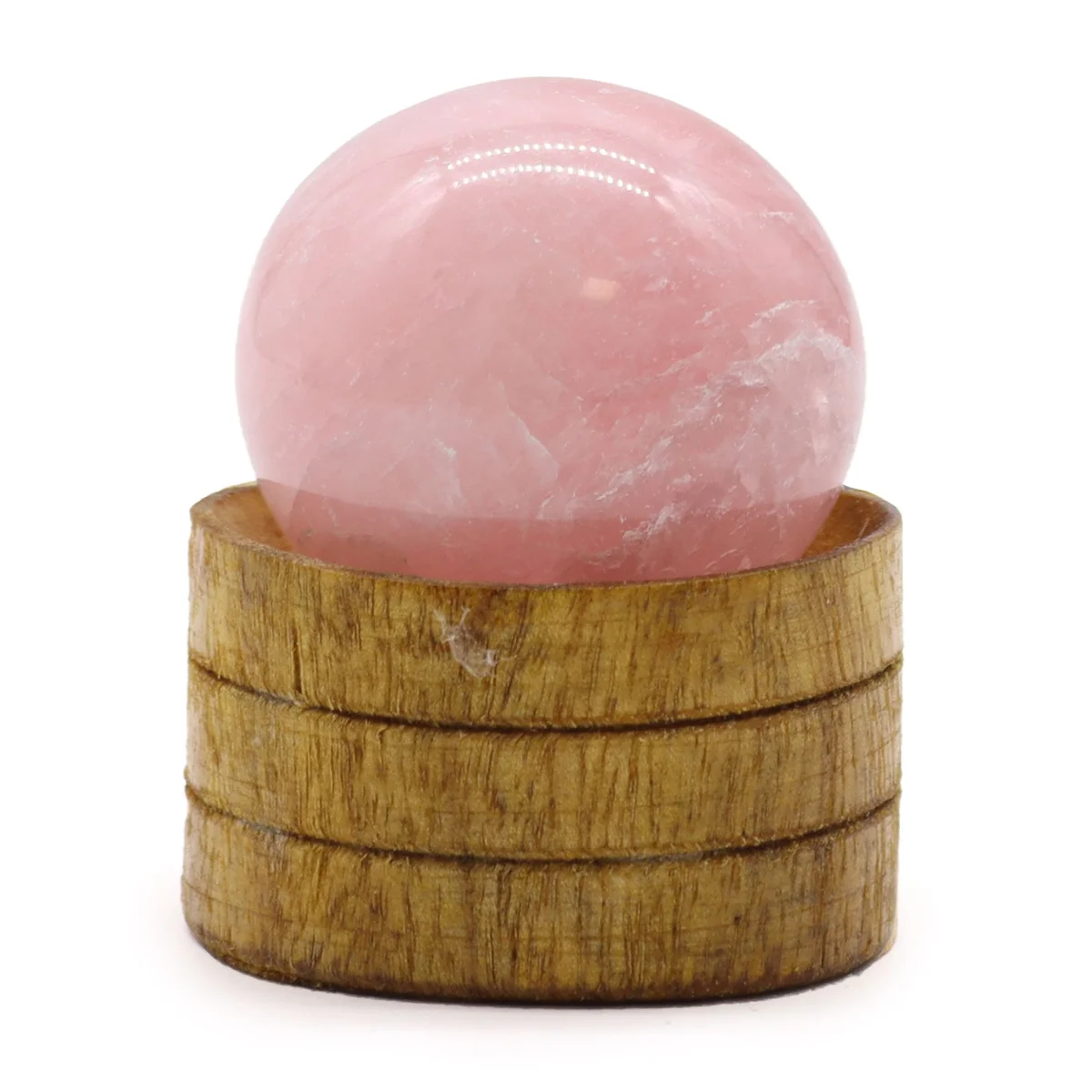 Rose quartz sphere resting on a clear stand, displaying its smooth, round shape and soft pink glow.