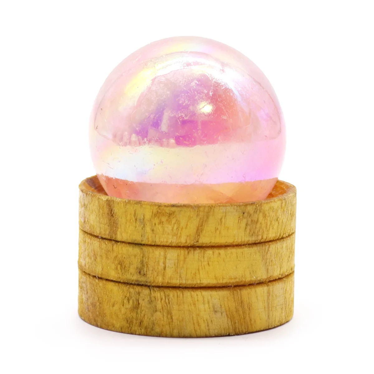 Rose quartz ornament sphere 40mm on titanium stand, light pink hue.