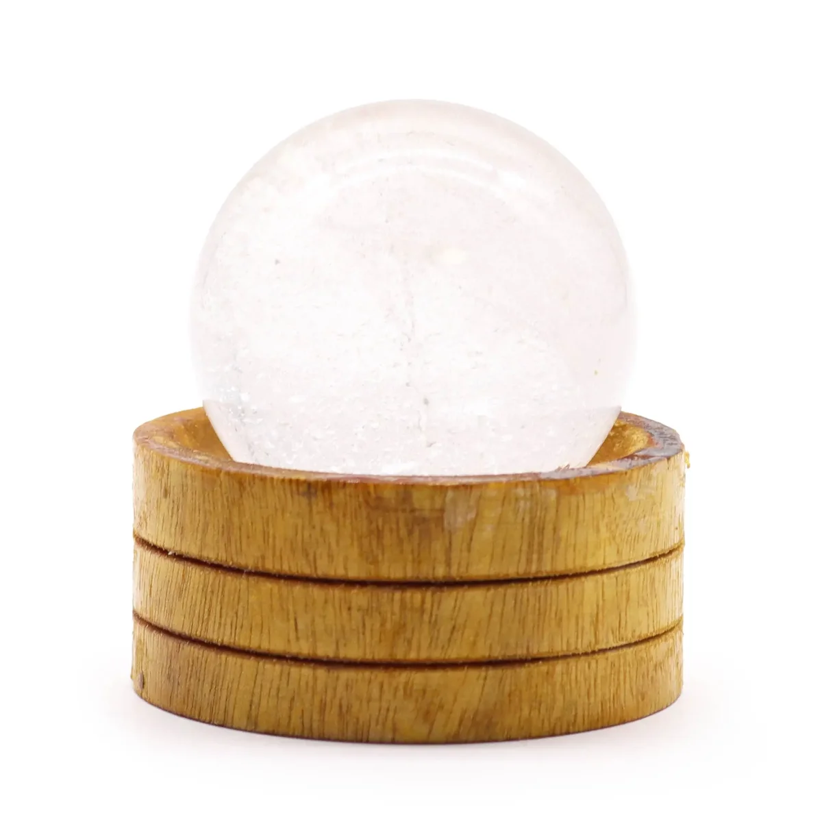 Clear quartz 50mm gemstone sphere on a stand, showing a transparent spherical gem.