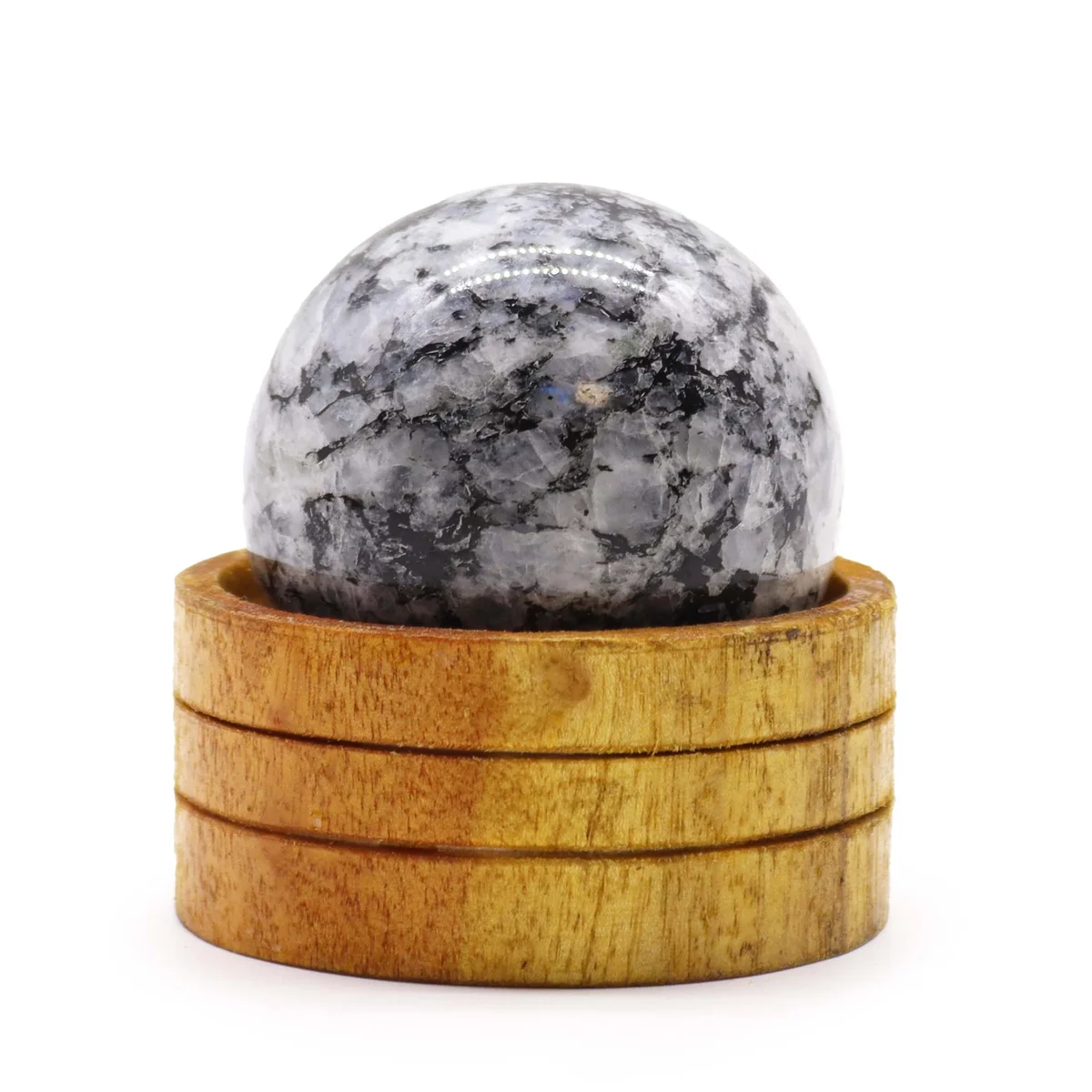 Indian Moonstone 50mm decorative sphere on stand, polished sphere with subtle iridescence. Perfect moonstone decorative sphere.