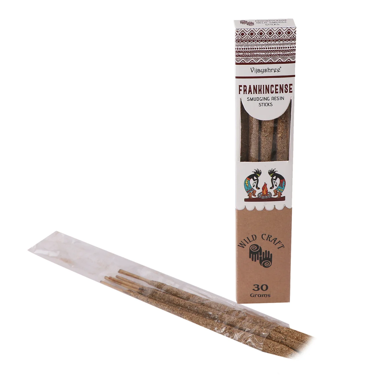 Golden Frankincense smudging resin sticks arranged on a white background, 30g package visible behind them