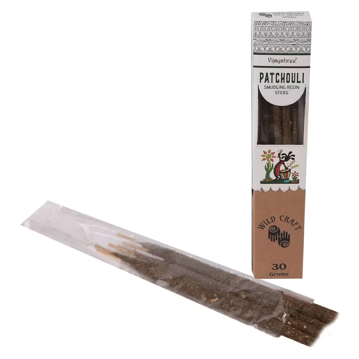 Golden Patchouli 30g resin sticks arranged on a wooden surface for smudging and aromatic use