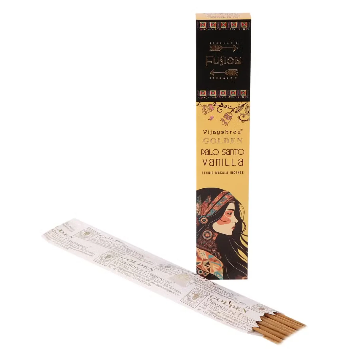 15g golden Palo Santo pack with vanilla scent, packaging shown