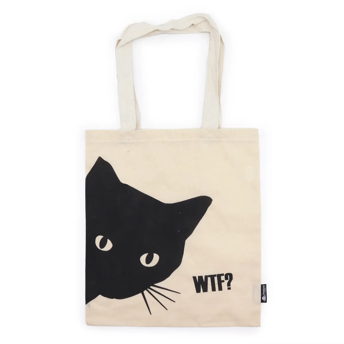 Natural 4oz fabric tote bag featuring a black cat design, known as the Iconic Basic black cat tote bag.
