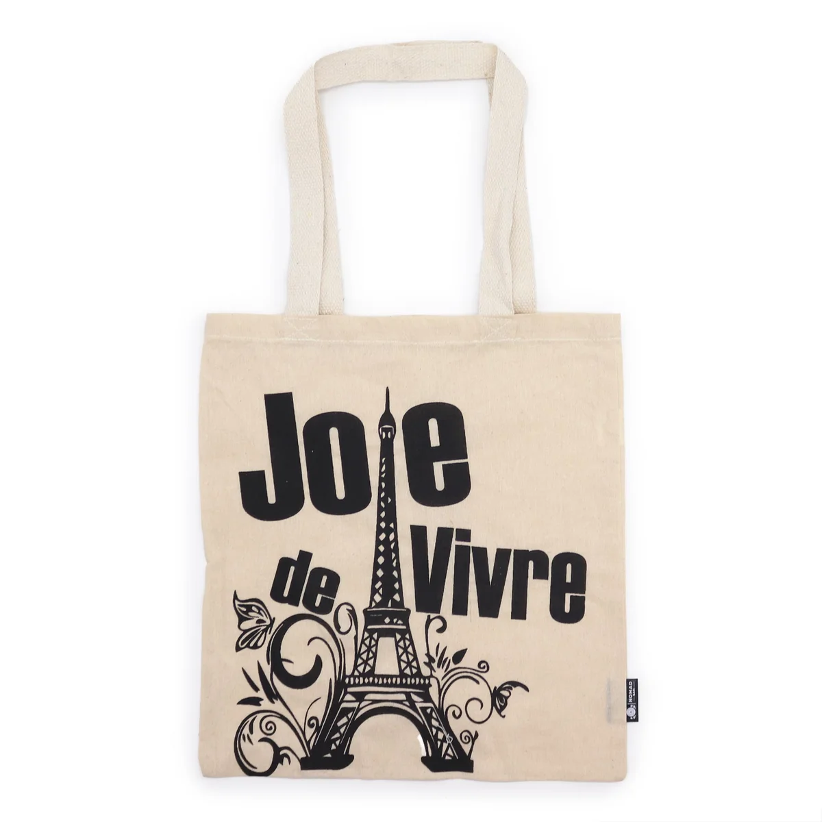Natural coloured 4oz tote bag with Joie de Vivre design, iconic basic style, shown flat on white background