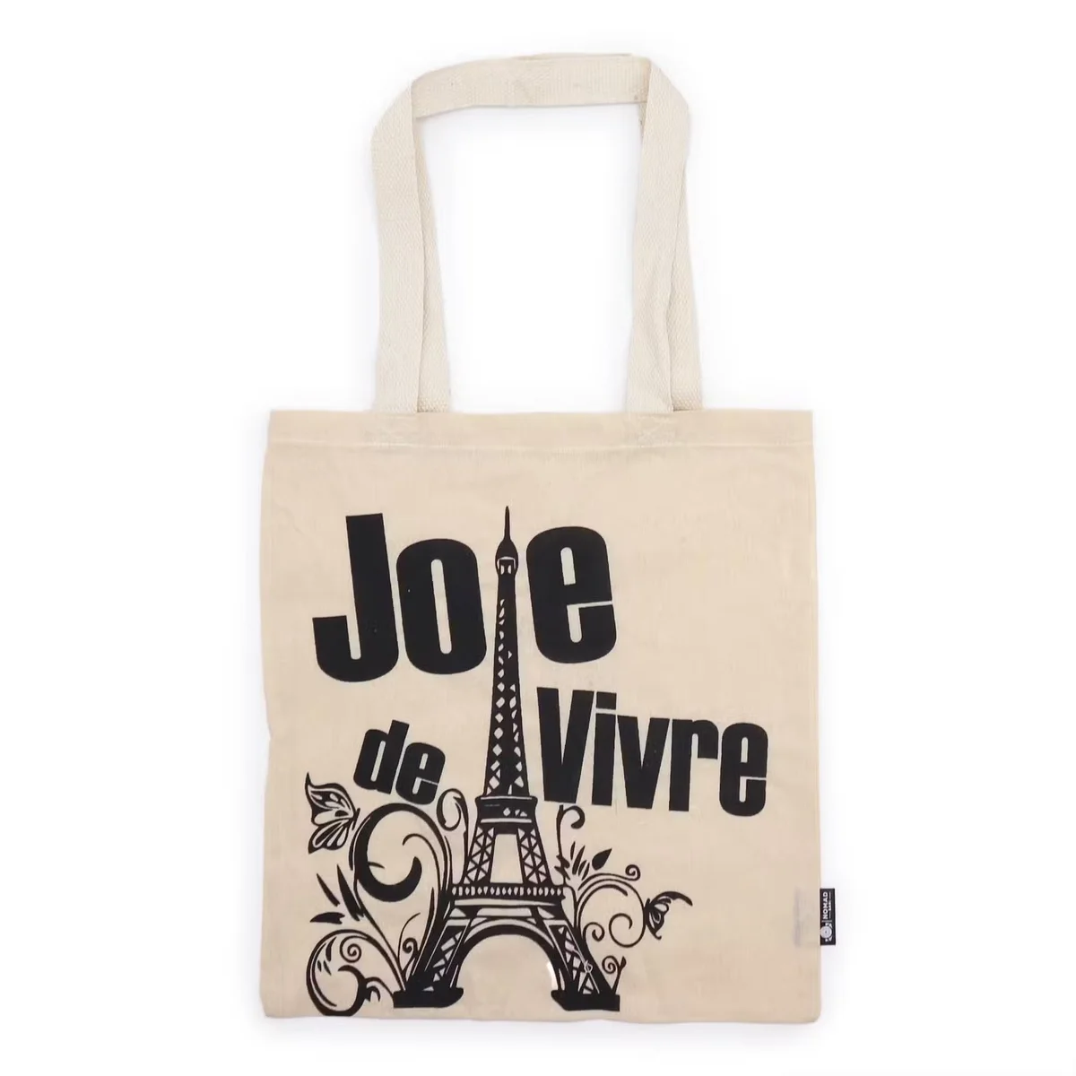Natural 4oz Joie de Vivre tote bag with minimalist design, showing front and handles on plain background