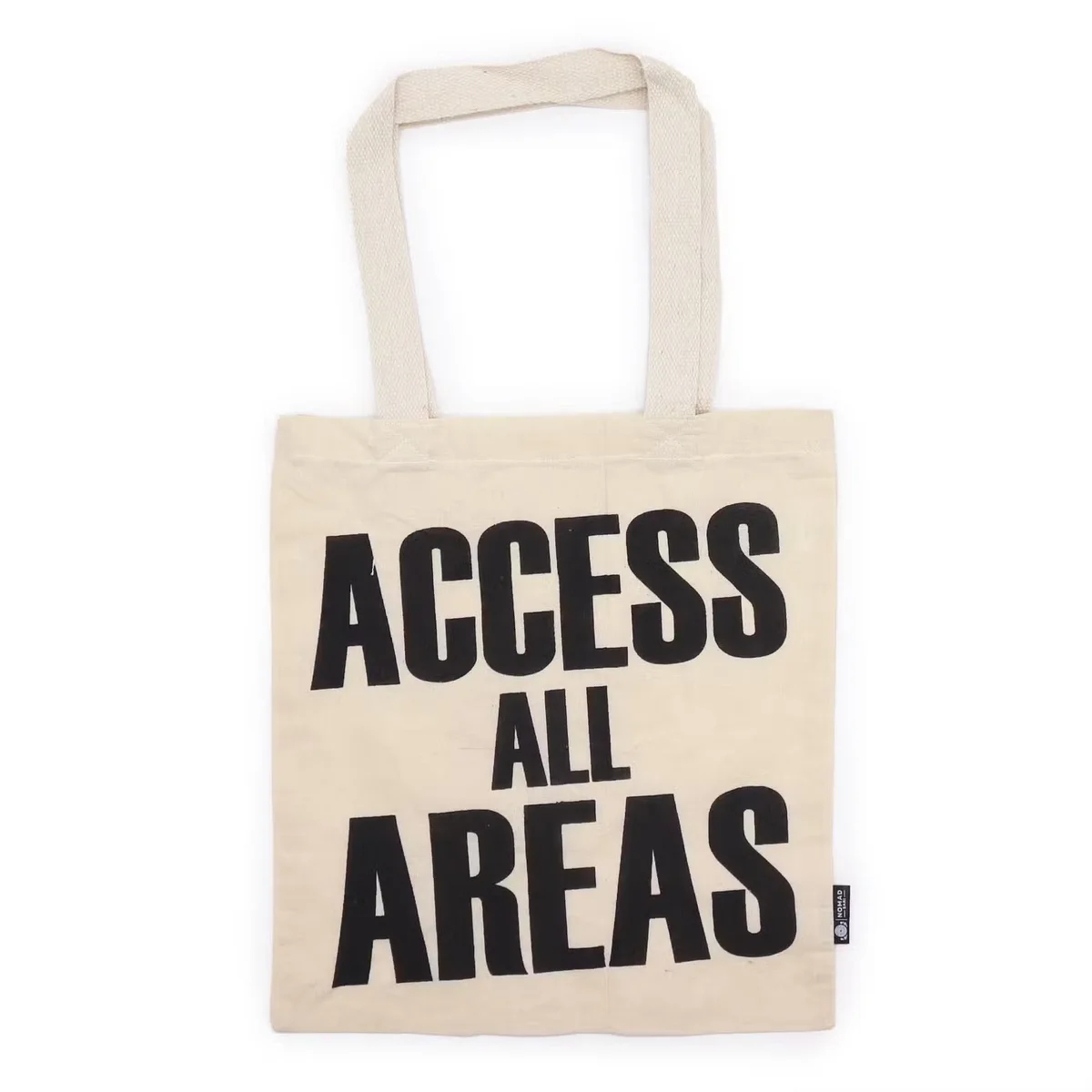 Natural 4oz iconic tote bag with ACCESS ALL AREA print, plain design, sturdy handles, ideal for everyday use