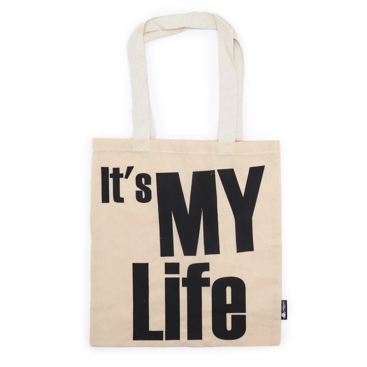 Natural tote bag with "IT's MY LIFE" text, made from 4oz natural fabric, simple iconic basic design