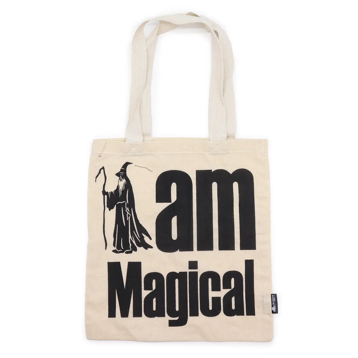 Natural lightweight tote bag with "I am Magical" text in simple, iconic design on 4oz fabric, shown flat against white background