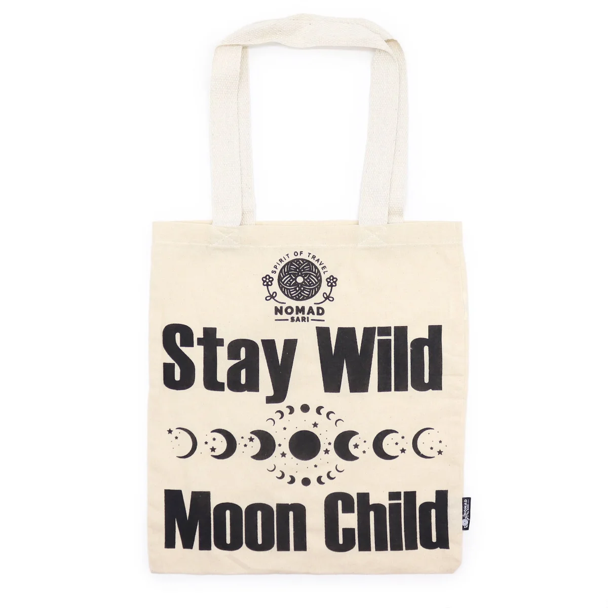 Natural 4oz basic tote bag with Stay Wild, Moon Child text in simple, bold font on front side