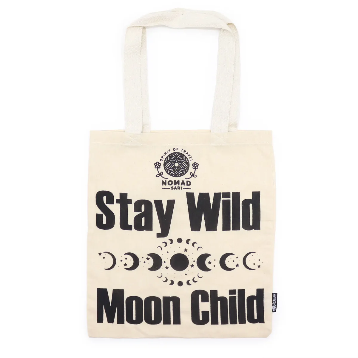 Natural tote bag in beige with Stay Wild, Moon Child text printed in black, lightweight 4oz fabric design
