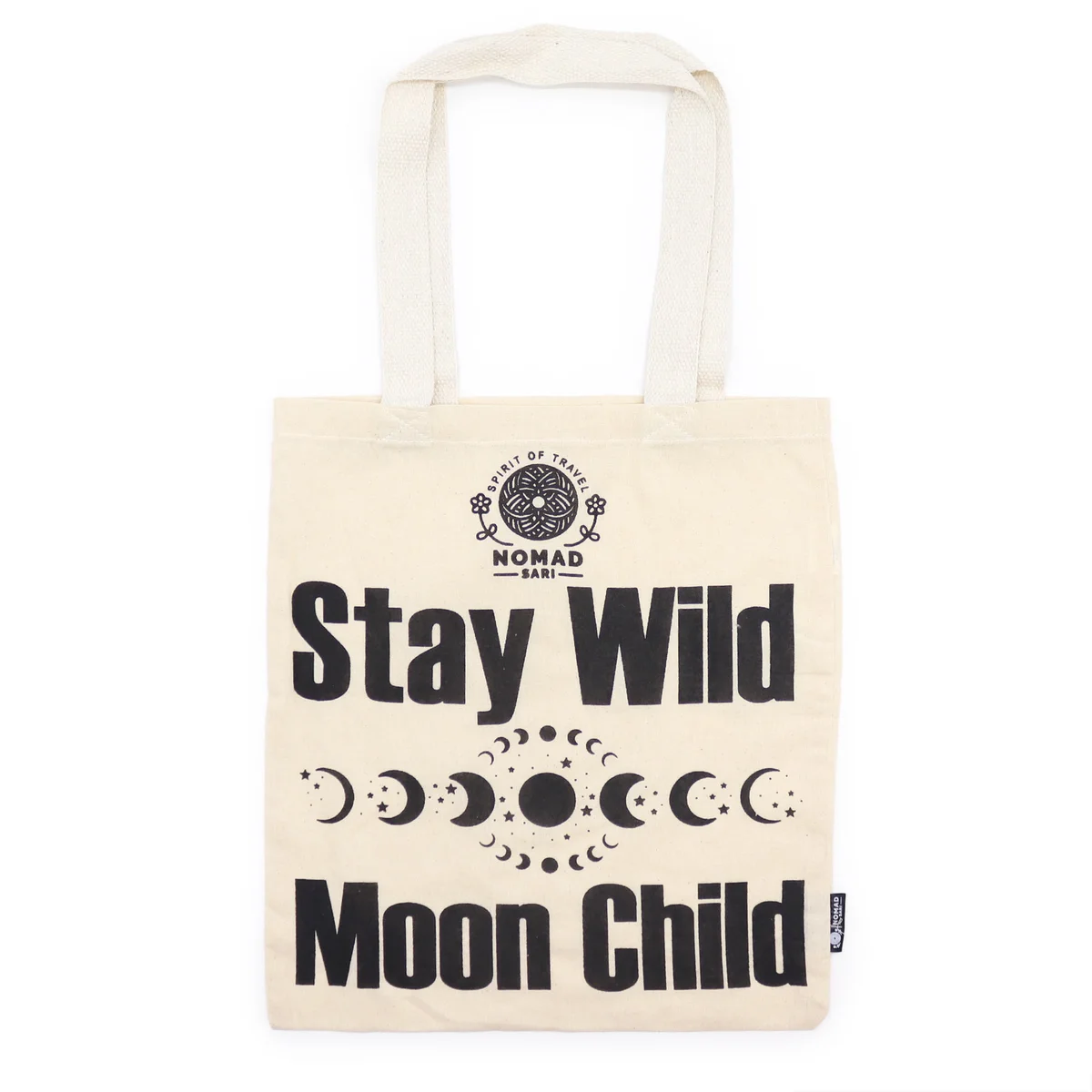 Natural 4oz stay wild tote bag with "Stay Wild, Moon Child" text in black on plain background, position 2 view
