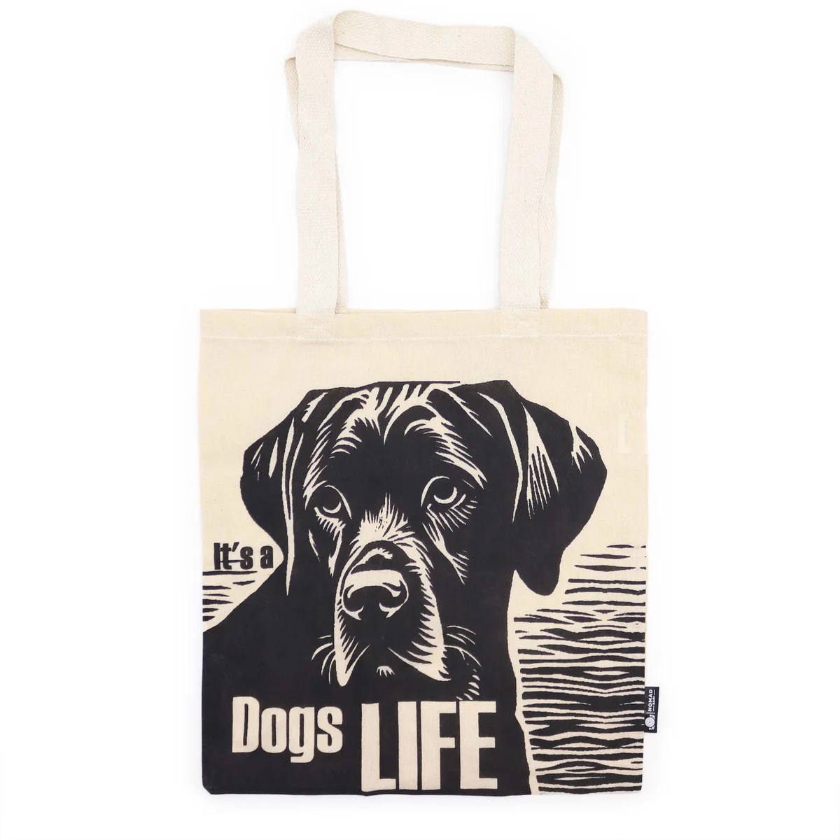 Natural 4oz basic tote bag with Dog's Life design in simple, iconic style on plain background