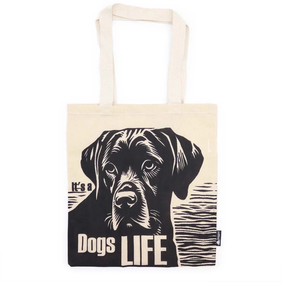 Natural tote bag in beige with black "Dog's Life" text and simple design, 4oz fabric weight, iconic basic style