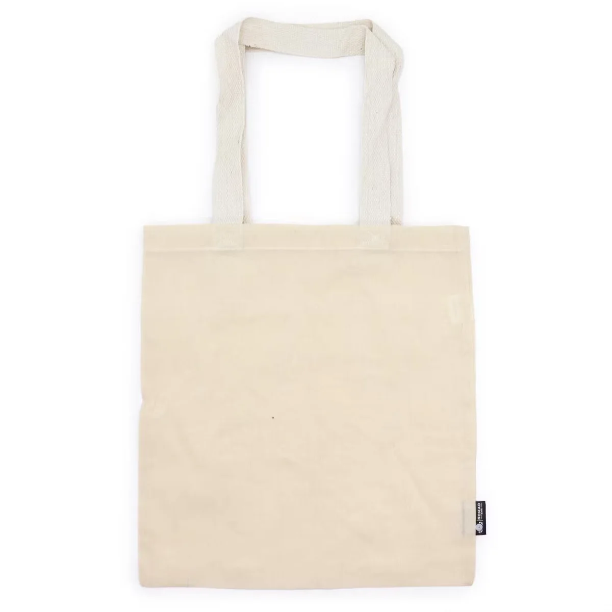 Natural 4oz tote bag in beige, unprinted with simple, sturdy handles, shown against plain background