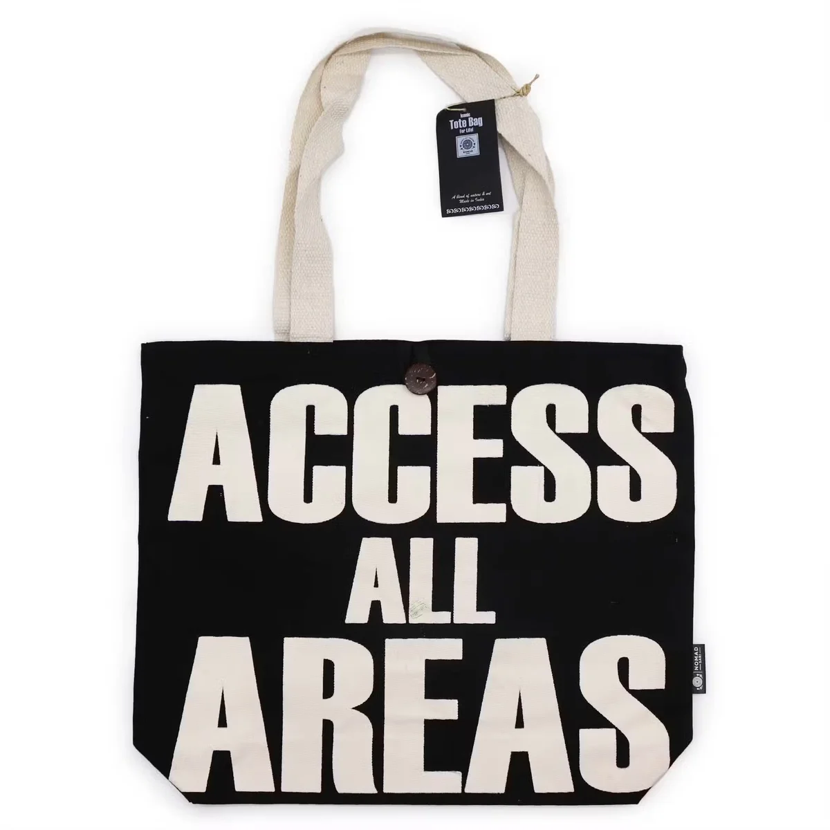 Iconic tote bag in black natural style, 10oz capacity, shown open with cloth interior, spacious design