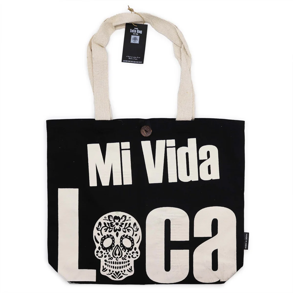 Black natural 10oz tote bag from Mi Vida Loca, iconic classic design