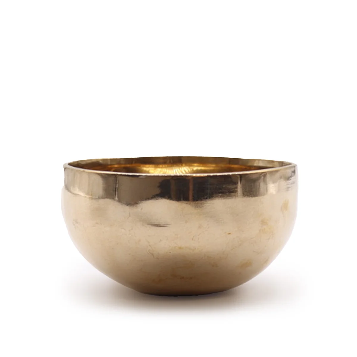 Small shining bell-metal bowl handcrafted, 13cm diameter, weighing approximately 550g, shown from above on white background