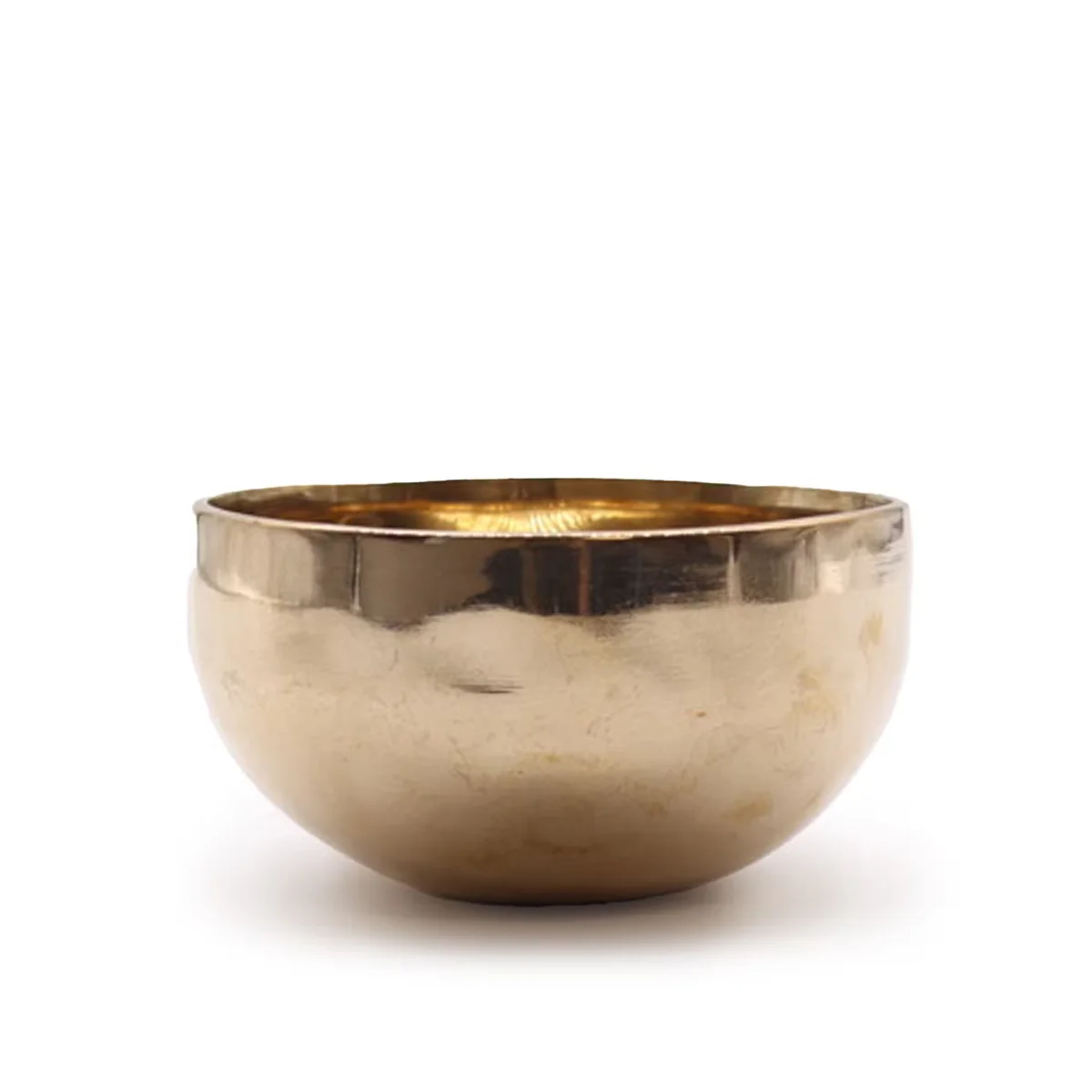 Small shining bell-metal decorative singing bowl, handmade, 13cm diameter, weighing approximately 550g, on white background