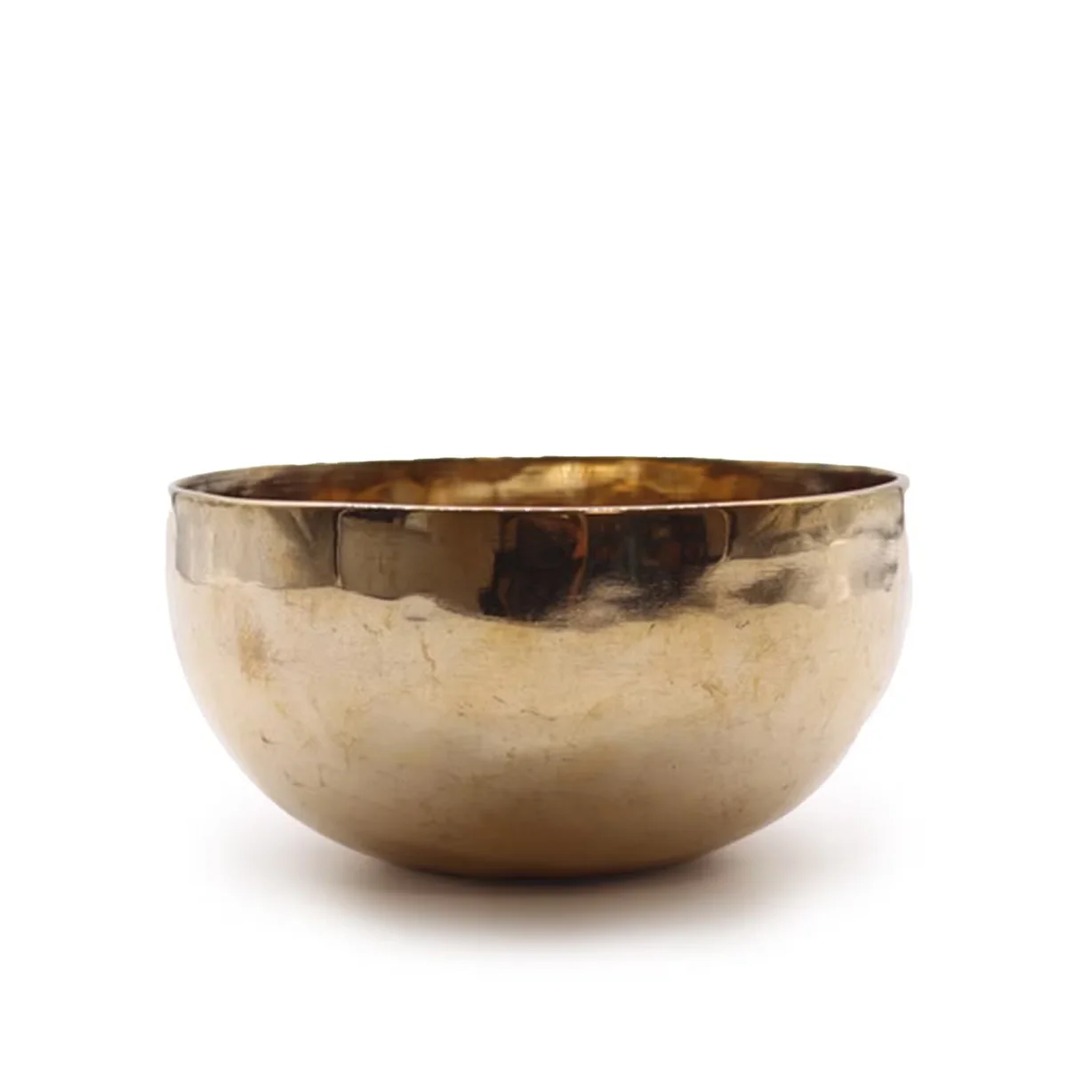 Medium shining singing bowl made of bell-metal, handmade, 15cm diameter, weighing approximately 750g on white background