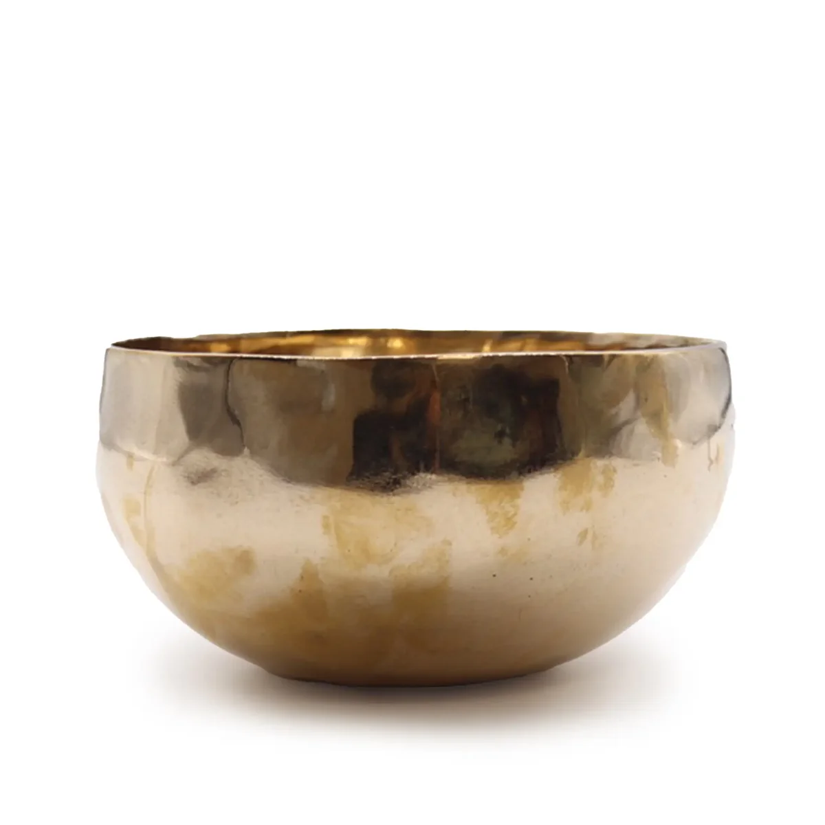 Large shining bell-metal handmade large singing bowl, 17cm diameter, weighing approximately 850g, on a white background