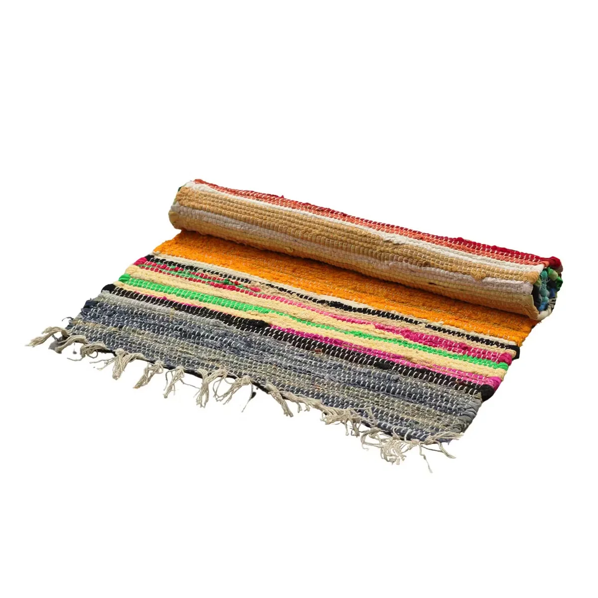 Small 50x90cm rag rug with vibrant rainbow colours, premium quality woven fabric on a plain background
