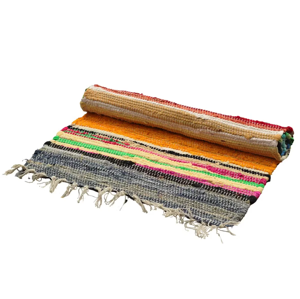Large 150x90cm rag rug in rainbow colours laid flat showing vibrant stripes and woven texture
