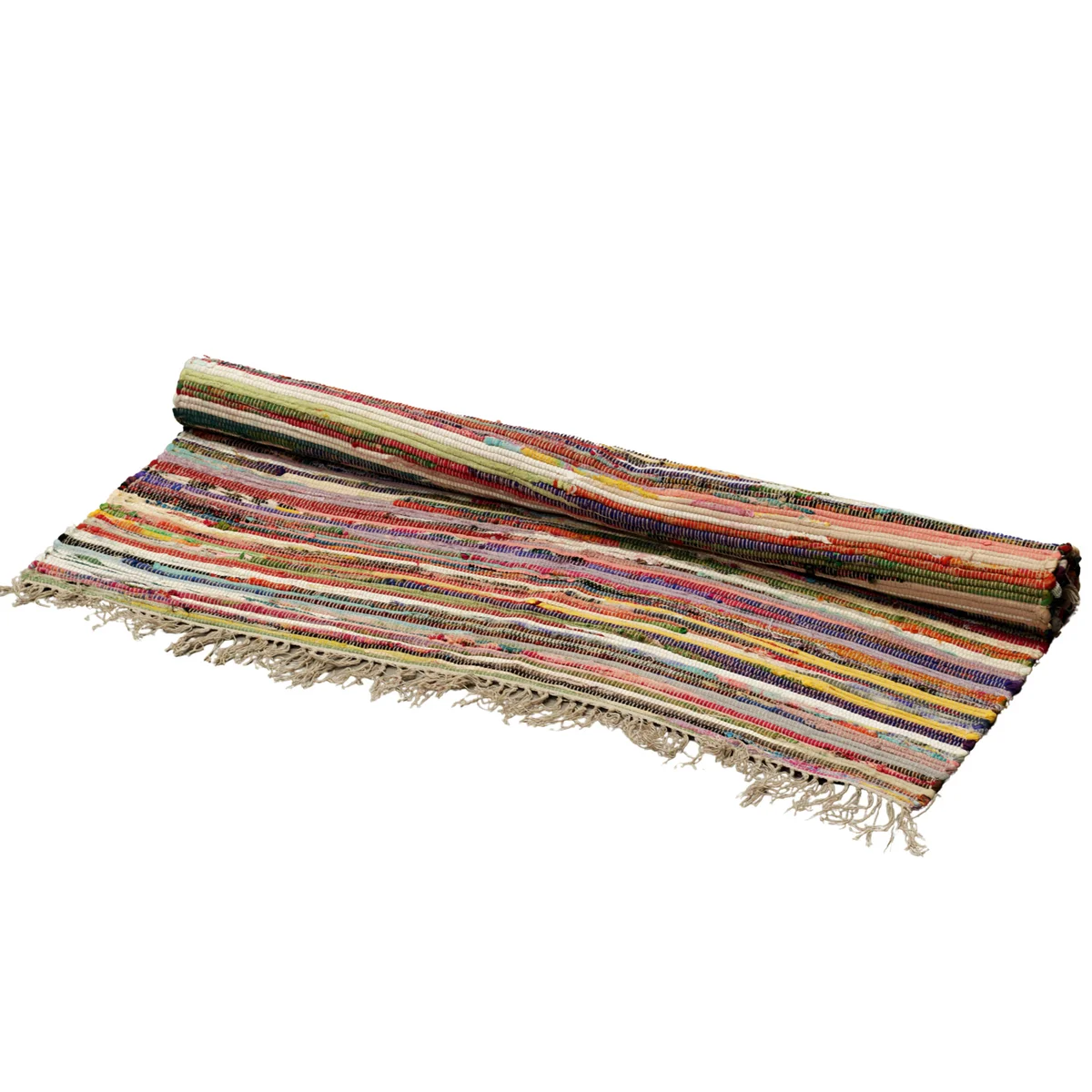 Room rag rug in random colours laid flat showing textured pattern, size 150x200cm on a plain background