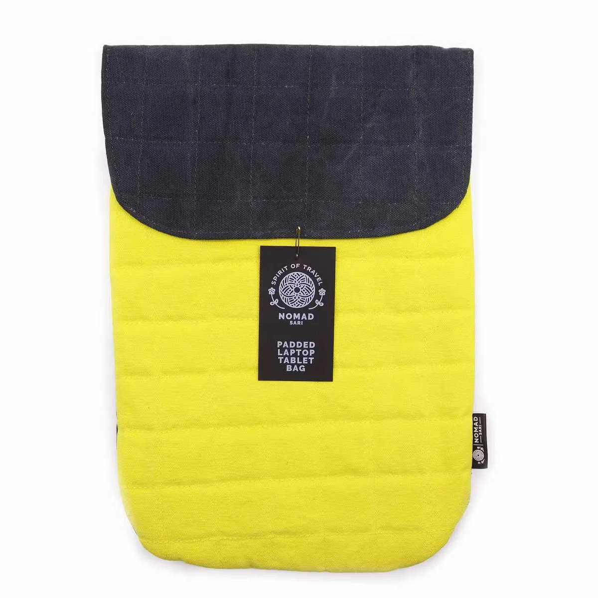Yellow laptop pouch in stonewash fabric, padded, designed for 13 inch laptops, shown flat on white background