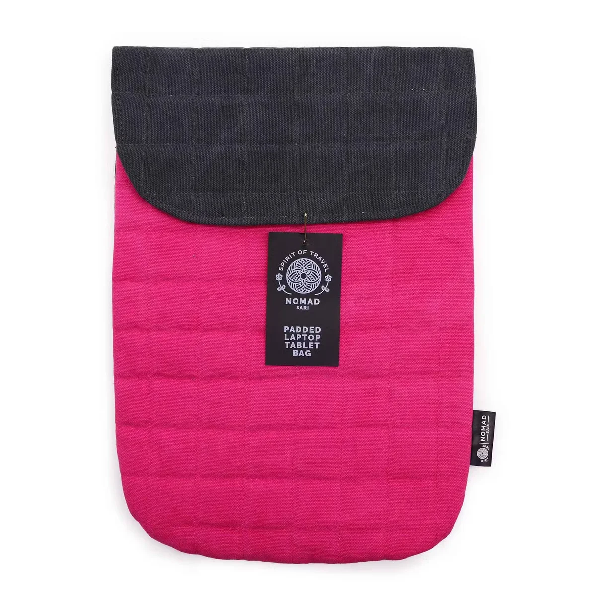 Shocking pink stonewash laptop cover padded pouch laid flat showing texture and stitching details